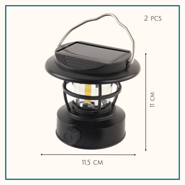 HIXA Kampeerlamp - Stormlantaarn - Campinglamp - LED - Solar - Oplaadbaar - 2 stuks