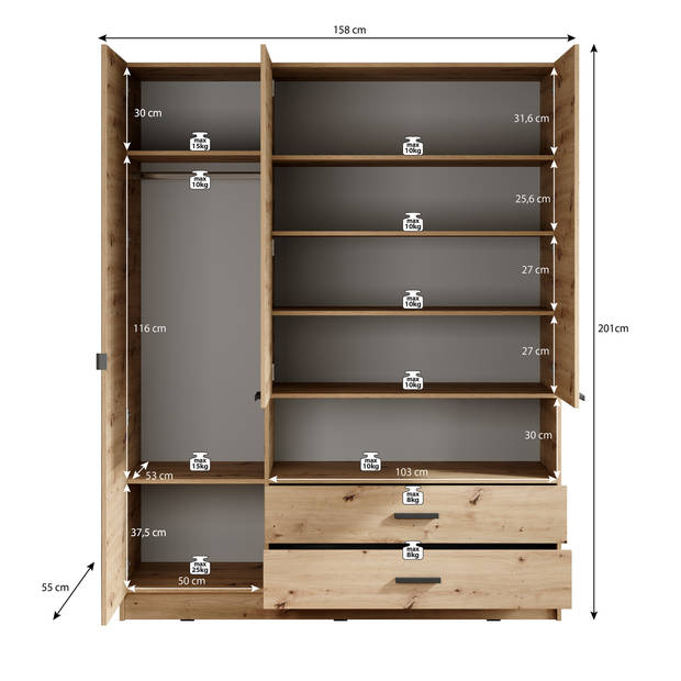 Meubella Kledingkast Tobin - Eiken - 158 cm - Met spiegel