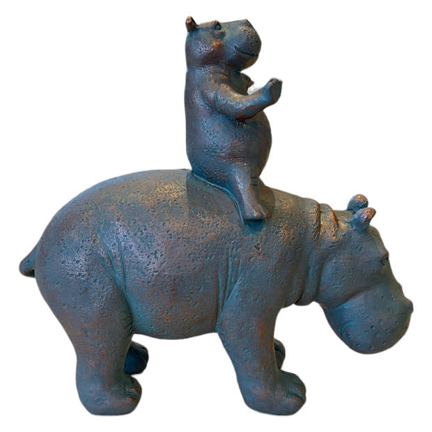 Beeldje Nijlpaard met bay op de rug - Hippo - Bruin/Grijs - 25x10x22 cm
