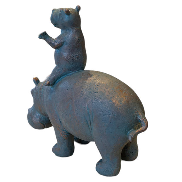 Beeldje Nijlpaard met bay op de rug - Hippo - Bruin/Grijs - 25x10x22 cm