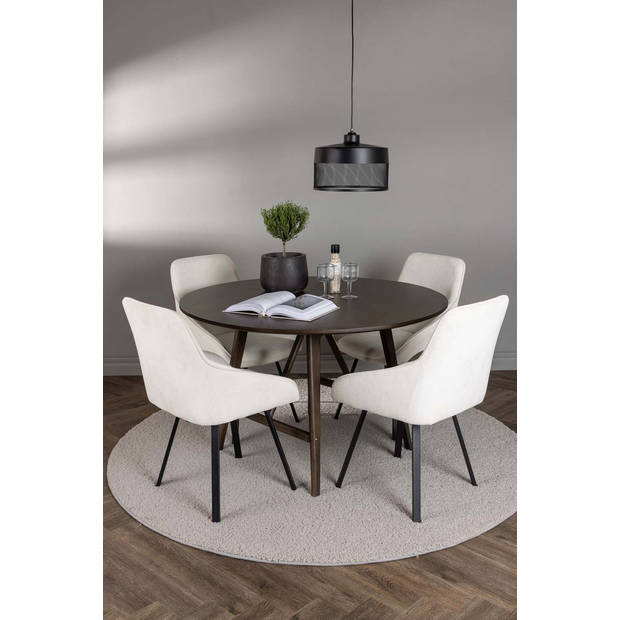 Kaseindon eethoek tafel bruin en 4 Rosie stoelen beige.