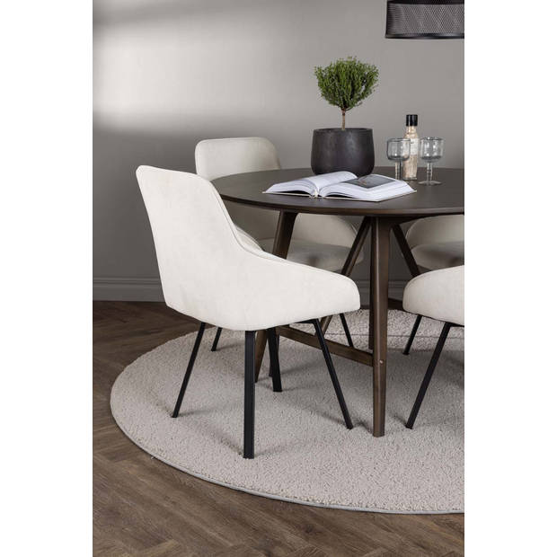 Kaseindon eethoek tafel bruin en 4 Rosie stoelen beige.