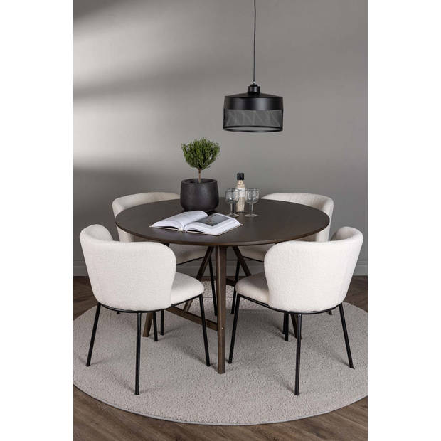 Kaseindon eethoek tafel bruin en 4 Edina stoelen wit.