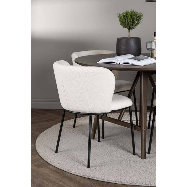 Kaseindon eethoek tafel bruin en 4 Edina stoelen wit.