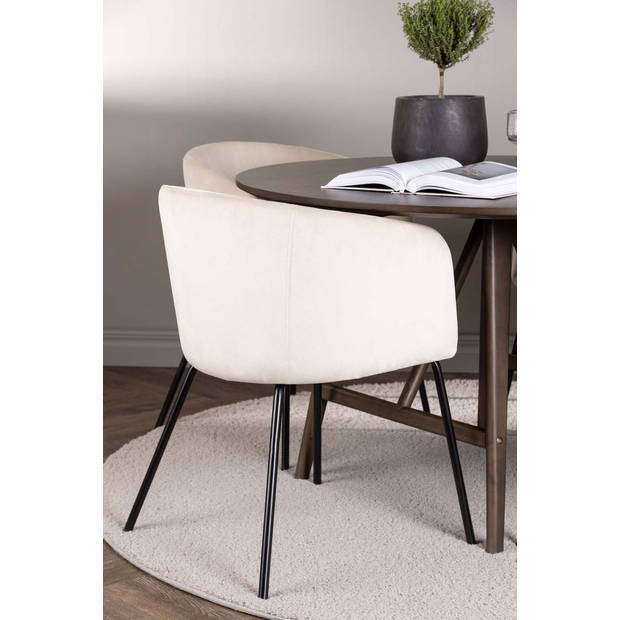 Kaseindon eethoek tafel bruin en 4 berit stoelen beige.