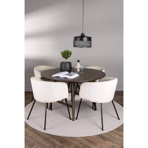 Kaseindon eethoek tafel bruin en 4 berit stoelen beige.