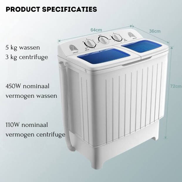 Costway camping wasmachine met dubbele trommel 5 Kg was / 3 Kg centrifuge laadvermogen wit / blauw