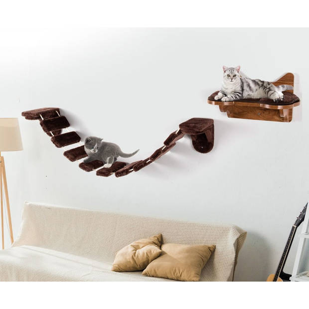 Trendmix Houten Katten Klimmuur met Bed en Loopbrug voor Wandbevestiging - Duurzaam & Stabiel - Bruin