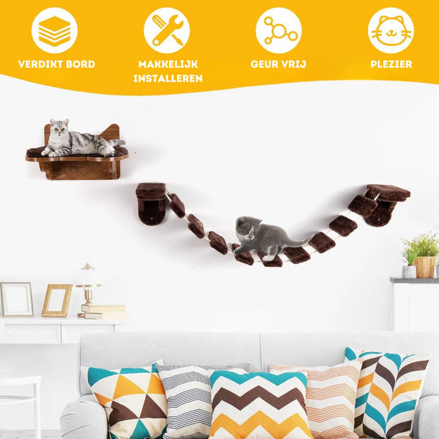 Trendmix Houten Katten Klimmuur met Bed en Loopbrug voor Wandbevestiging - Duurzaam & Stabiel - Bruin