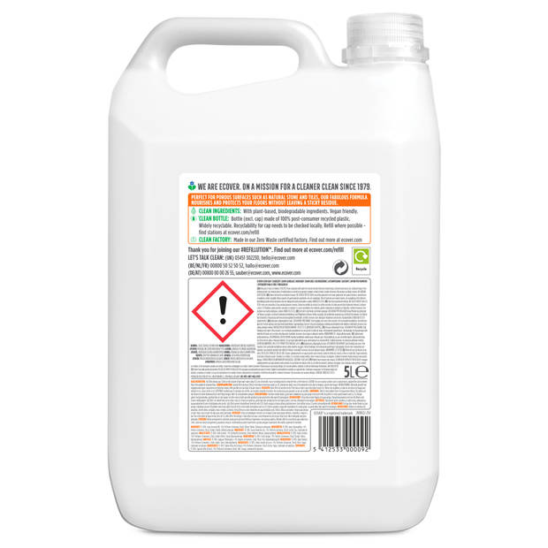 Ecover Vloerreiniger Voordeelverpakking 5L - Reinigt, Voedt en Beschermt - Sinaasappel & Citroen Geur