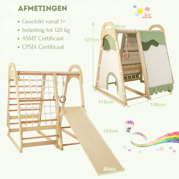 Costway 6-In-1 Houten Klimrek Speeltoestel - Indoor Kinder Speeltoestel met Glijbaan en Tent - 115 cm x 108 cm x 127 cm