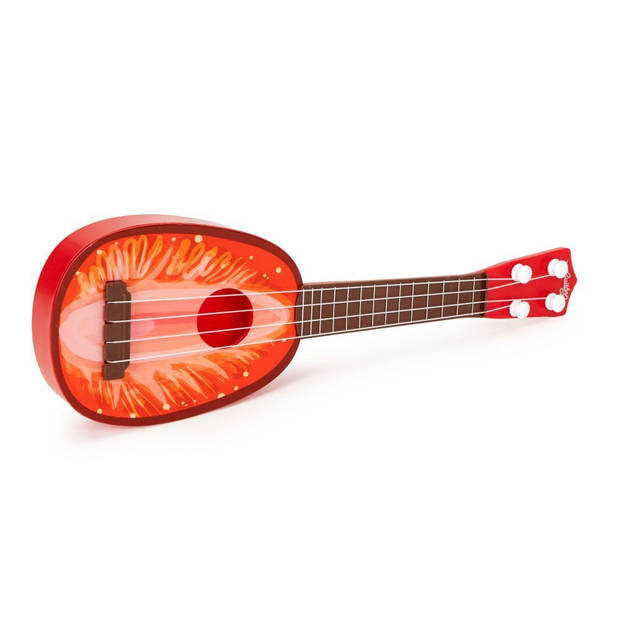 Ecotoys mini kunststof kinder ukelele / gitaar aardbei met 4 snaren 36 x 11.5 x 3.5 cm rood