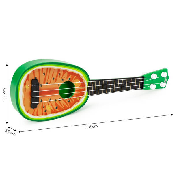 Ecotoys mini kunststof kinder ukelele / gitaar watermeloen met 4 snaren 36 x 11.5 x 3.5 cm groen