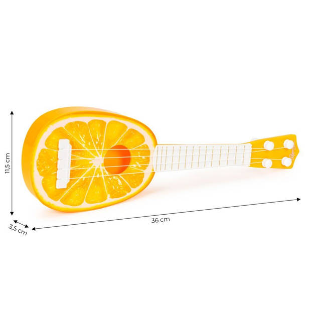 Ecotoys mini kunststof kinder ukelele / gitaar sinaasappel met 4 snaren 36 x 11.5 x 3.5 cm oranje