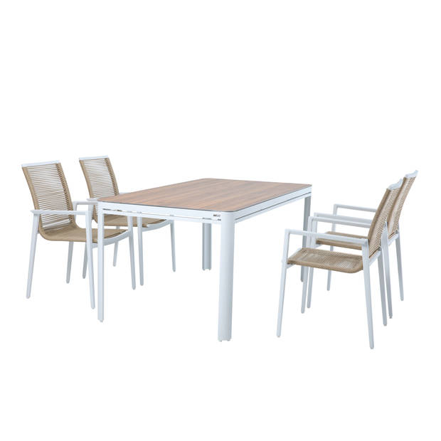 AXI Zora Tuinset met 4 stoelen in Wit & Hout look Dining set voor tuin in Aluminium / PSPC