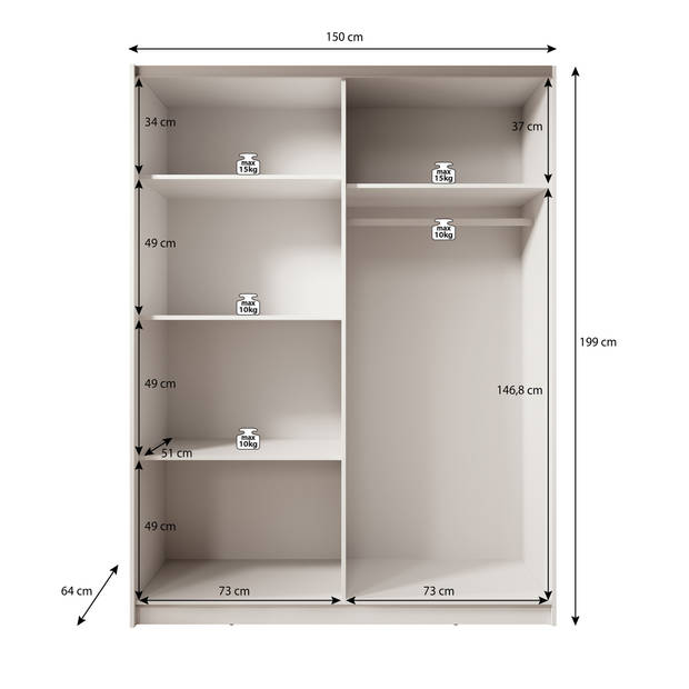 Meubella Kledingkast Boets - Wit - Eiken - 150 cm - Met spiegel