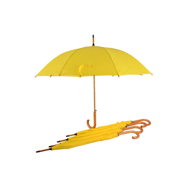 Vijfvoudige set van elegante gele stormparaplu's, elk met een diameter van 102 cm, opvouwbaar en automatisch.