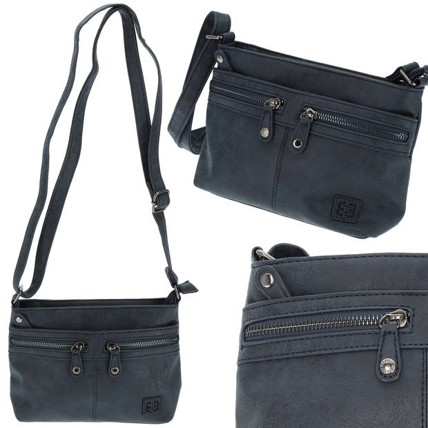 Crossbody Bag for Women Faux Leather - 25x17x7cm - Zip Closure - 5 Pockets - Navy Adjustable Shoulder Strap Ideal