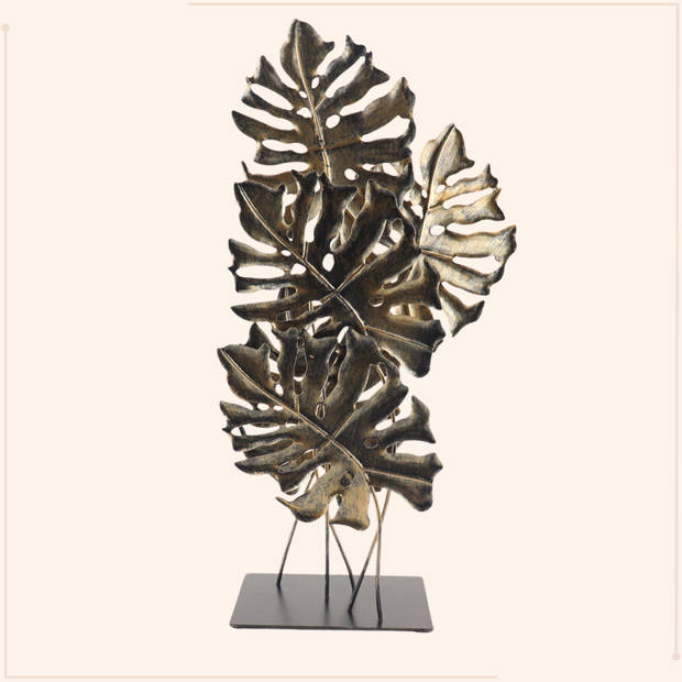 MISOU Ornament - op Voet voor Binnen op Standaard - Decoratie - Monstera - Goud - 57cm - Metaal