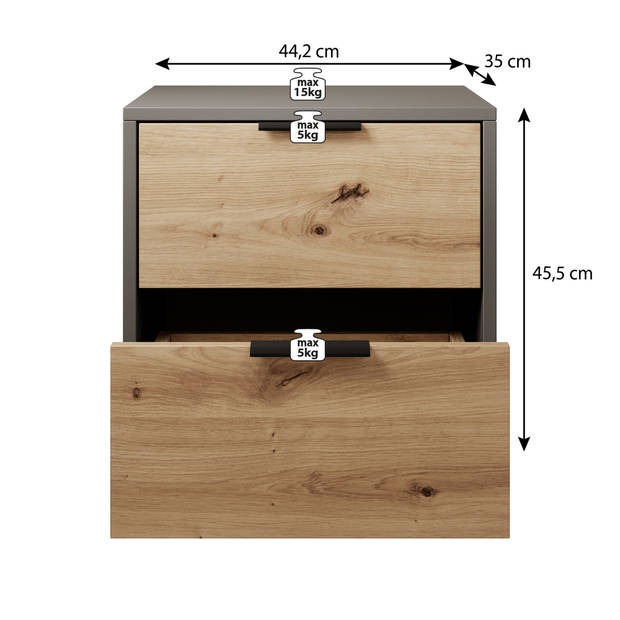 Meubella Nachtkastje Roma - Grijs - Eiken - 44 cm