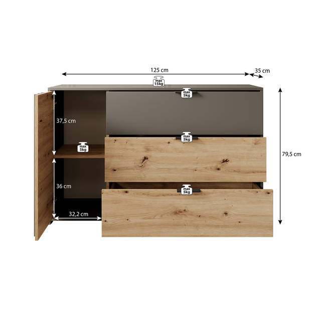 Meubella Dressoir Roma - Grijs - Eiken - 125 cm