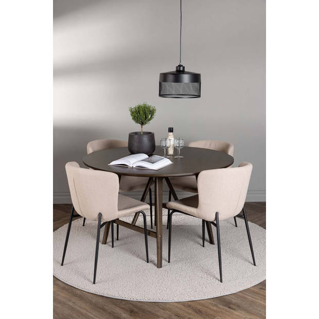 Kaseindon eethoek tafel bruin en 4 Modesto stoelen beige.