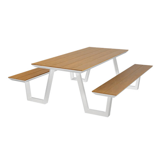 AXI Nori Picknicktafel met 2 banken in Wit & Teak-look voor 6 Personen Picknick Tafel / Picnic Table van Aluminium &