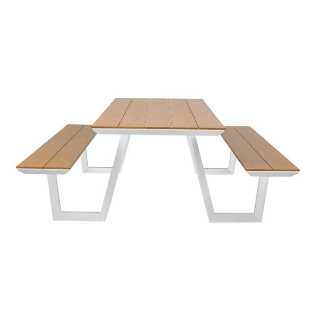 AXI Nori Picknicktafel met 2 banken in Wit & Teak-look voor 6 Personen Picknick Tafel / Picnic Table van Aluminium &