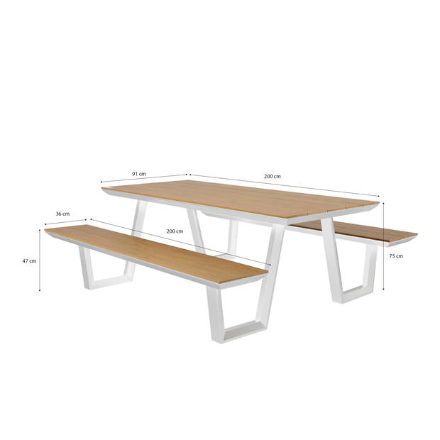 AXI Nori Picknicktafel met 2 banken in Wit & Teak-look voor 6 Personen Picknick Tafel / Picnic Table van Aluminium &