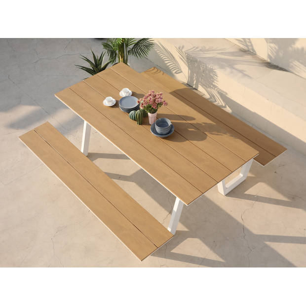 AXI Nori Picknicktafel met 2 banken in Wit & Teak-look voor 6 Personen Picknick Tafel / Picnic Table van Aluminium &