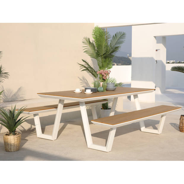 AXI Nori Picknicktafel met 2 banken in Wit & Teak-look voor 6 Personen Picknick Tafel / Picnic Table van Aluminium &