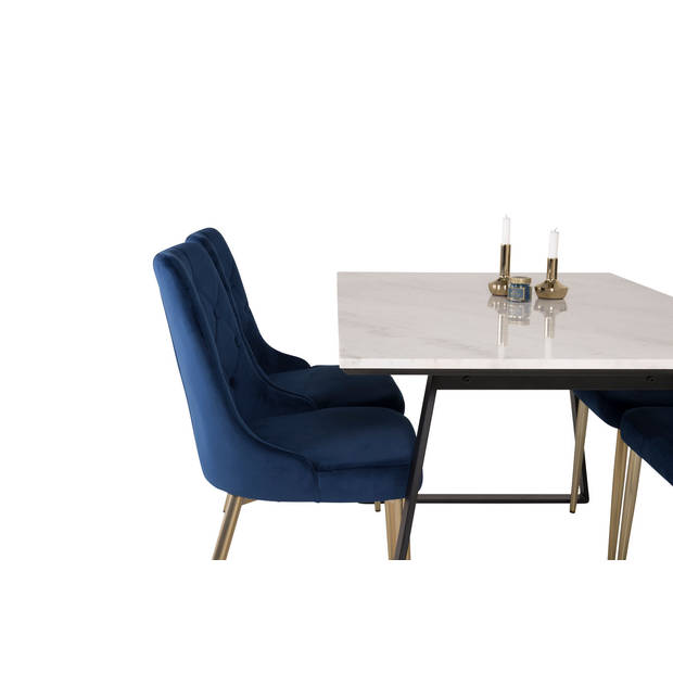 Estelle eethoek eetkamertafel marmer wit en 4 Velvet Deluxe eetkamerstal velours blauw, messing decor.