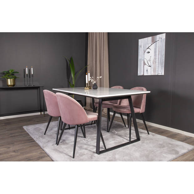 Estelle eethoek eetkamertafel marmer wit en 4 Velvet eetkamerstal velours roze, zwart.