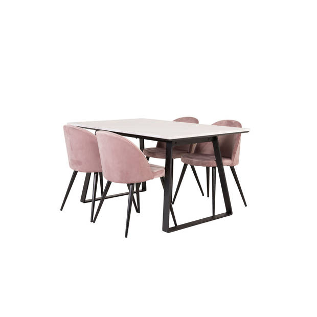 Estelle eethoek eetkamertafel marmer wit en 4 Velvet eetkamerstal velours roze, zwart.