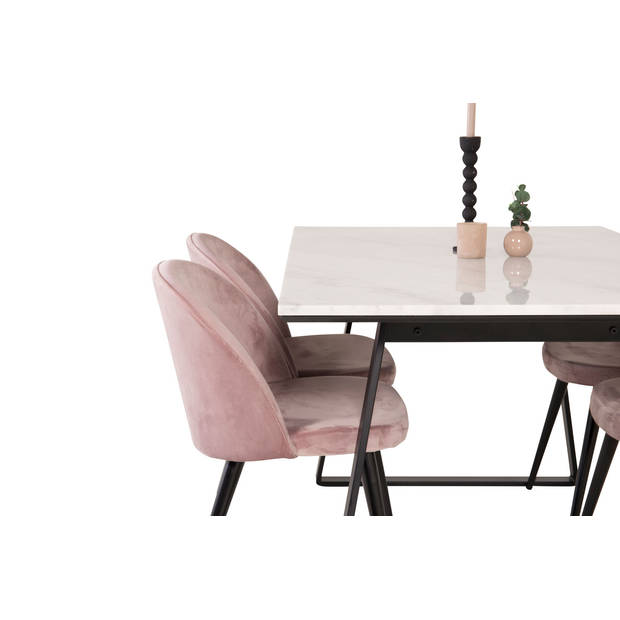 Estelle eethoek eetkamertafel marmer wit en 4 Velvet eetkamerstal velours roze, zwart.