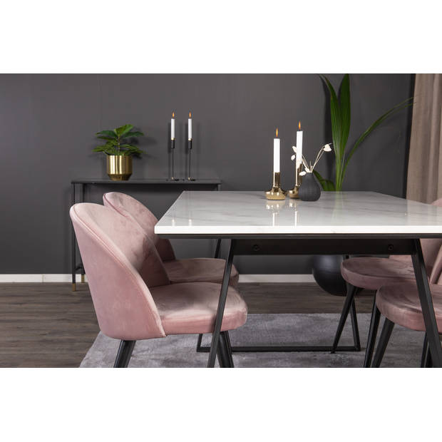 Estelle eethoek eetkamertafel marmer wit en 4 Velvet eetkamerstal velours roze, zwart.