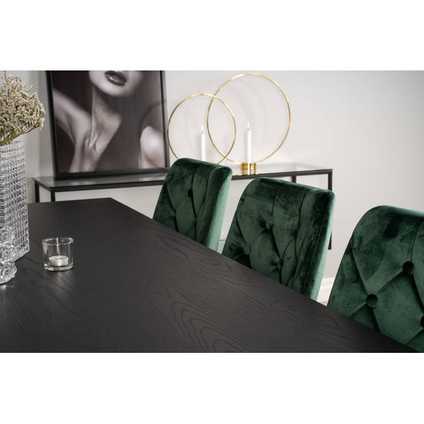 Dipp180x90BLBR eethoek eetkamertafel zwart en 6 Velvet Deluxe eetkamerstal velours groente, messing decor.