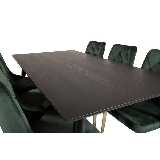 Dipp180x90BLBR eethoek eetkamertafel zwart en 6 Velvet Deluxe eetkamerstal velours groente, messing decor.