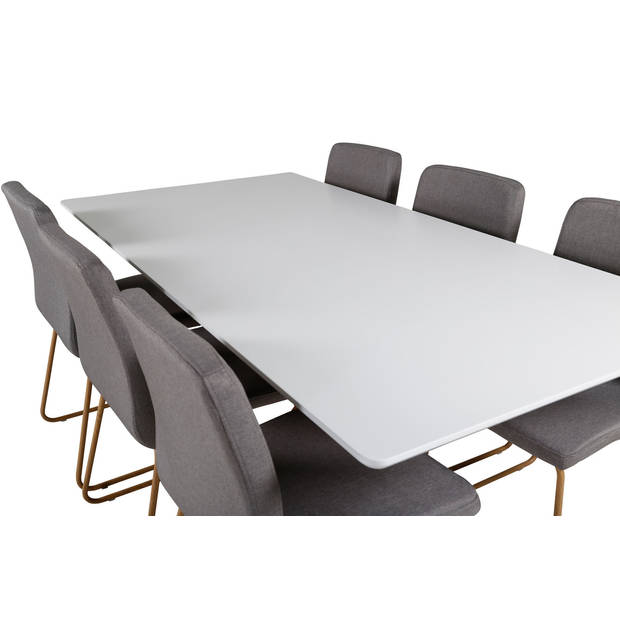 Piazza180x90WHNA eethoek eetkamertafel wit en 6 Mace eetkamerstal grijs.