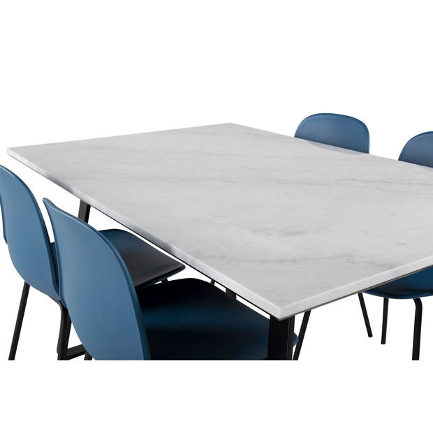 Estelle eethoek eetkamertafel marmer wit en 4 Arctic eetkamerstal blauw, zwart.