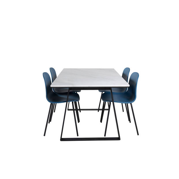 Estelle eethoek eetkamertafel marmer wit en 4 Arctic eetkamerstal blauw, zwart.