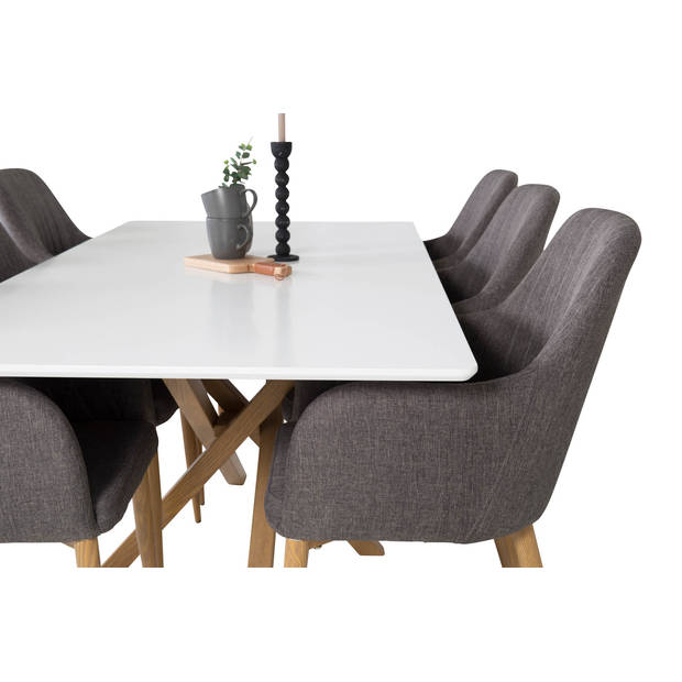 Piazza180x90WHNA eethoek eetkamertafel wit en 6 Comfort eetkamerstal grijs, eik decor.