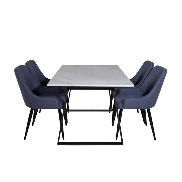 Estelle eethoek eetkamertafel marmer wit en 4 Plaza eetkamerstal blauw, zwart.