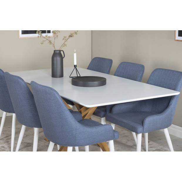 Piazza180x90WHNA eethoek eetkamertafel wit en 6 Plaza eetkamerstal blauw, wit.