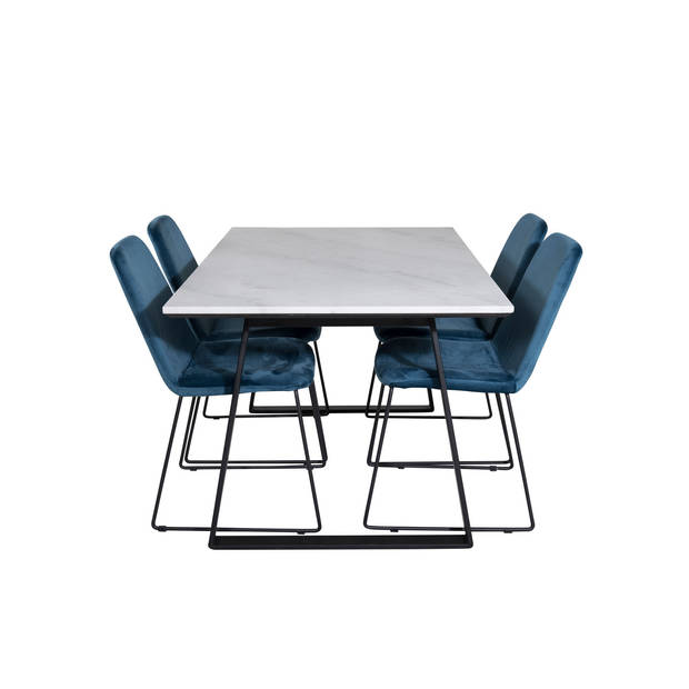 Estelle eethoek eetkamertafel marmer wit en 4 Muce eetkamerstal velours blauw.