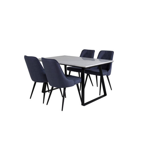 Estelle eethoek eetkamertafel marmer wit en 4 Velvet Deluxe eetkamerstal blauw, zwart.