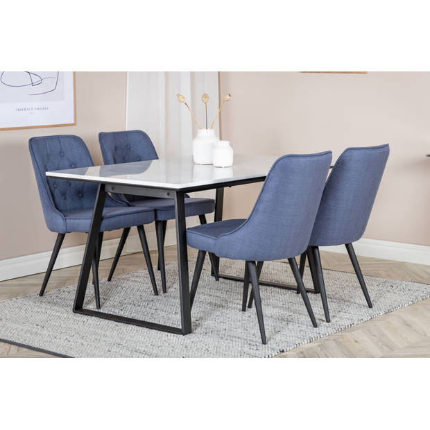 Estelle eethoek eetkamertafel marmer wit en 4 Velvet Deluxe eetkamerstal blauw, zwart.