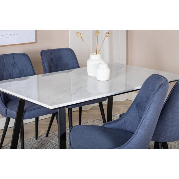 Estelle eethoek eetkamertafel marmer wit en 4 Velvet Deluxe eetkamerstal blauw, zwart.