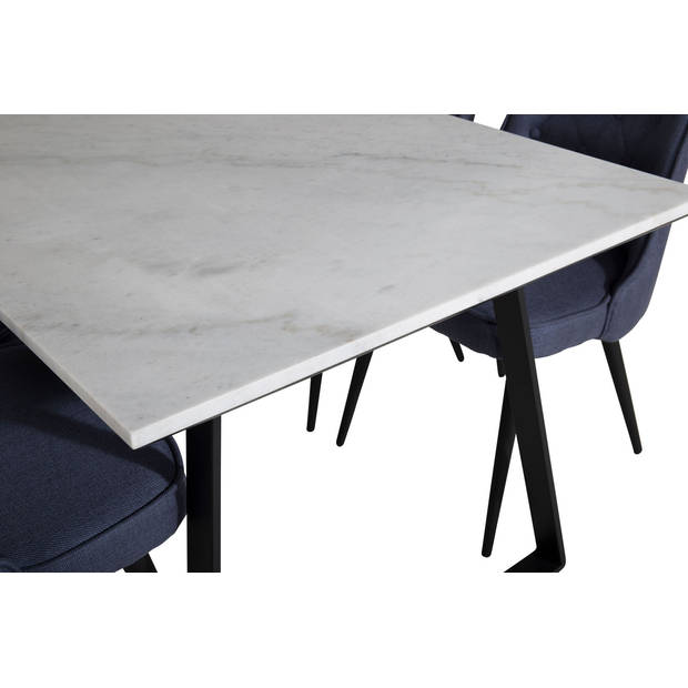 Estelle eethoek eetkamertafel marmer wit en 4 Velvet Deluxe eetkamerstal blauw, zwart.