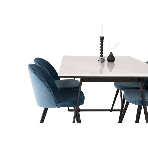 Estelle eethoek eetkamertafel marmer wit en 4 Velvet eetkamerstal velours blauw, zwart.